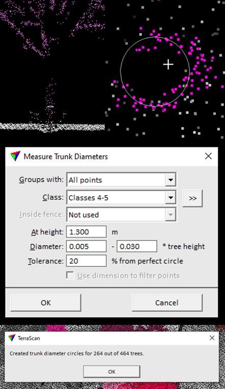 TerraScan trunk diameter measurement interface - point cloud analysis tool