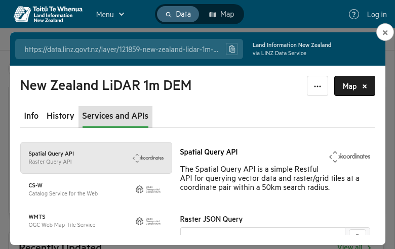 LINZ Data Service showing Services and APIs tab with Spatial Query API and download options