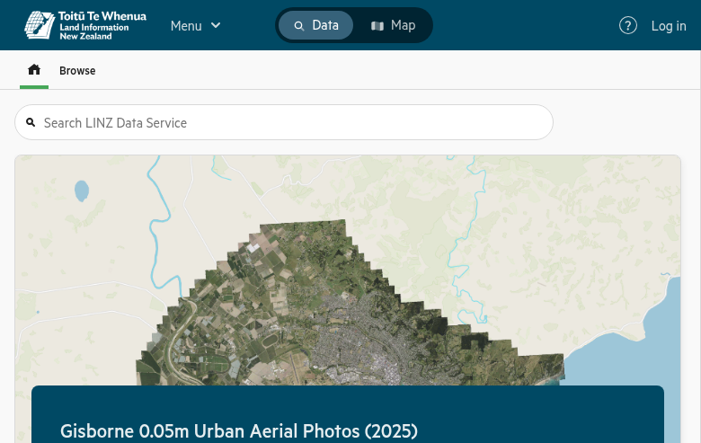 LINZ Data Service main portal showing the browse interface and search bar