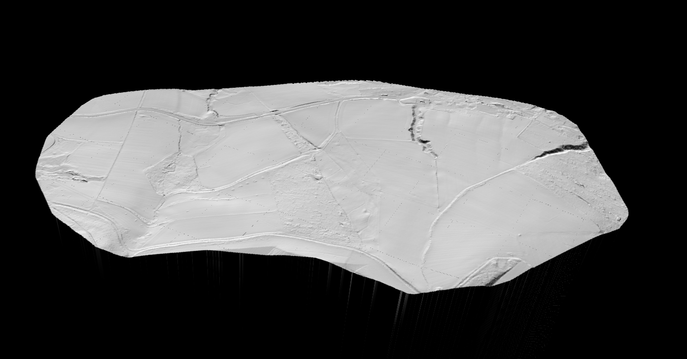 Hillshade visualization of agricultural fields showing micro-topography and terrain features useful for precision farming and drainage planning