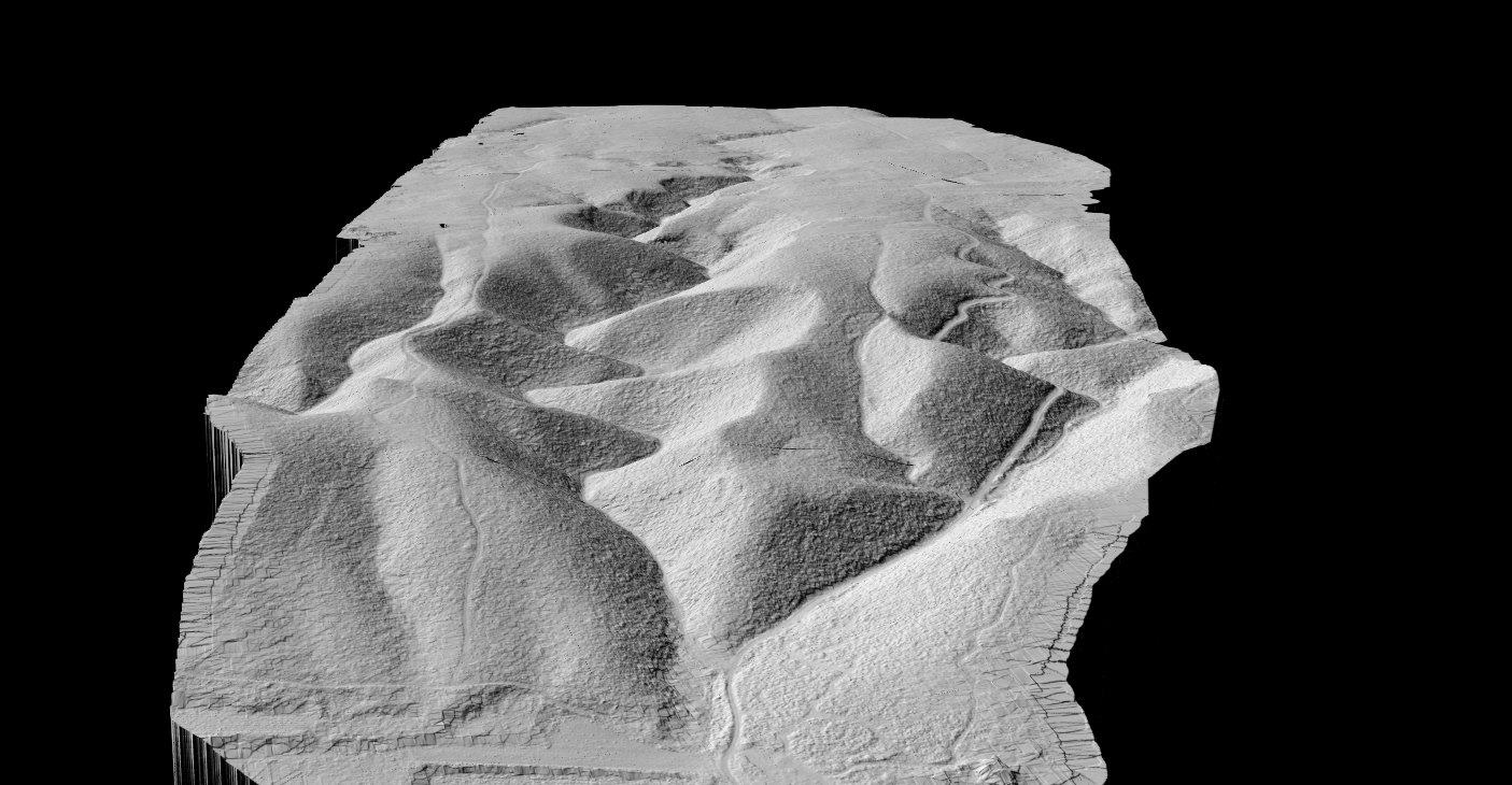 Hillshade map visualization of mountainous terrain showing dramatic ridges and valleys with light and shadow effects from LiDAR-derived DTM data