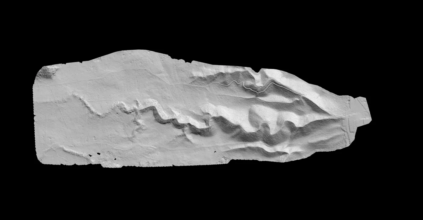 Hillshaded digital terrain model of a valley
