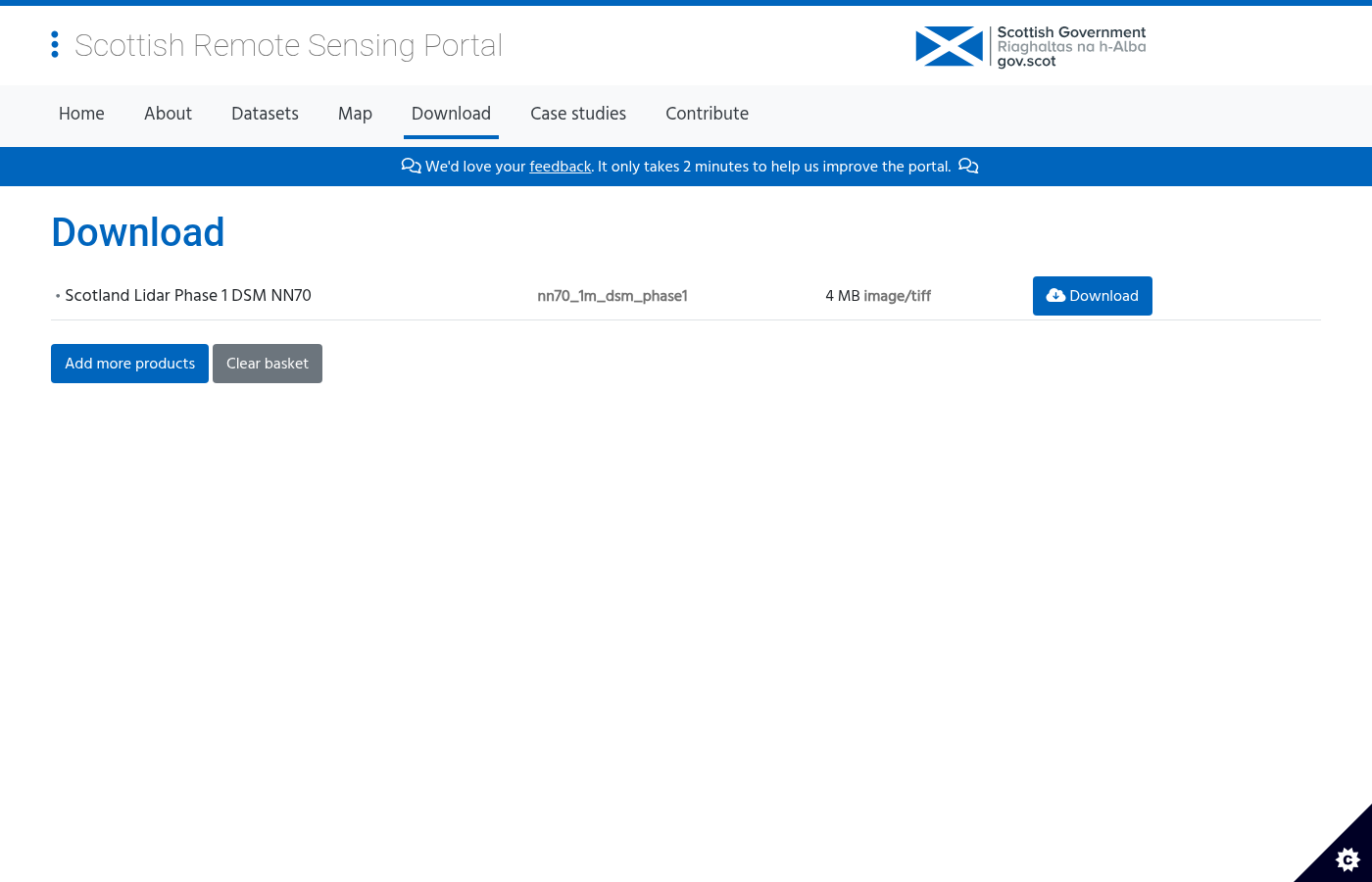 Download basket showing selected LiDAR tiles ready for download