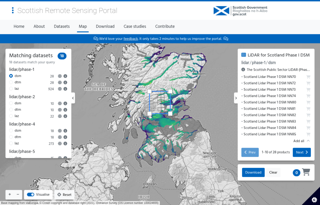Interactive map showing LiDAR data coverage across Scotland
