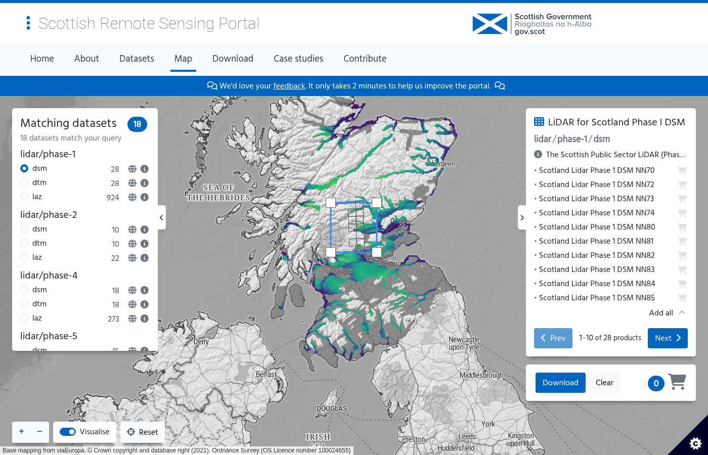Interactive map showing LiDAR data coverage across Scotland