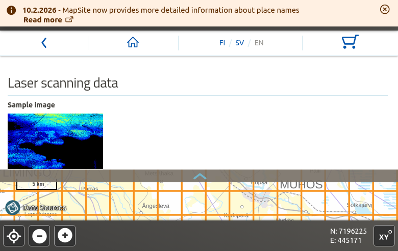 Finland NLS MapSite laser scanning data download interface