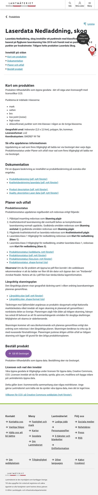 Lantmäteriet Laserdata Skog product page showing specifications and download options