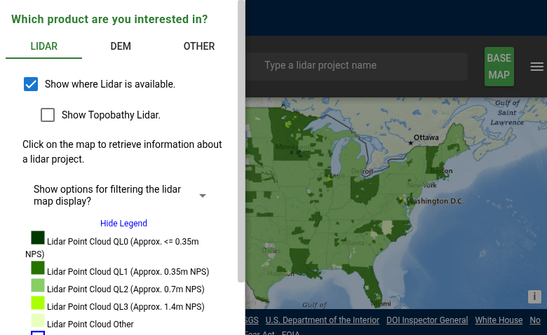 USGS 3DEP coverage map showing Quality Level legend