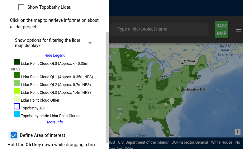 Define Area of Interest tools in USGS LidarExplorer