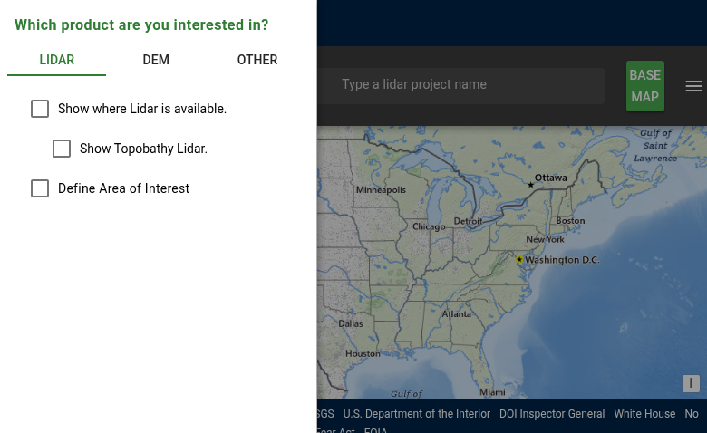 USGS 3DEP LidarExplorer main interface with product selection