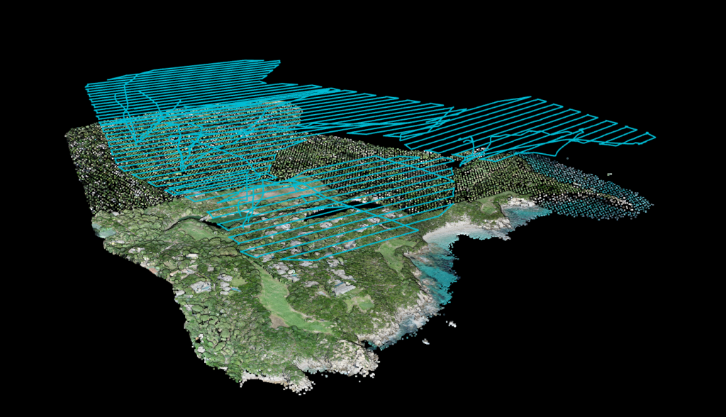 Uploaded flight trajectory drawn in cyan above a colourized point cloud