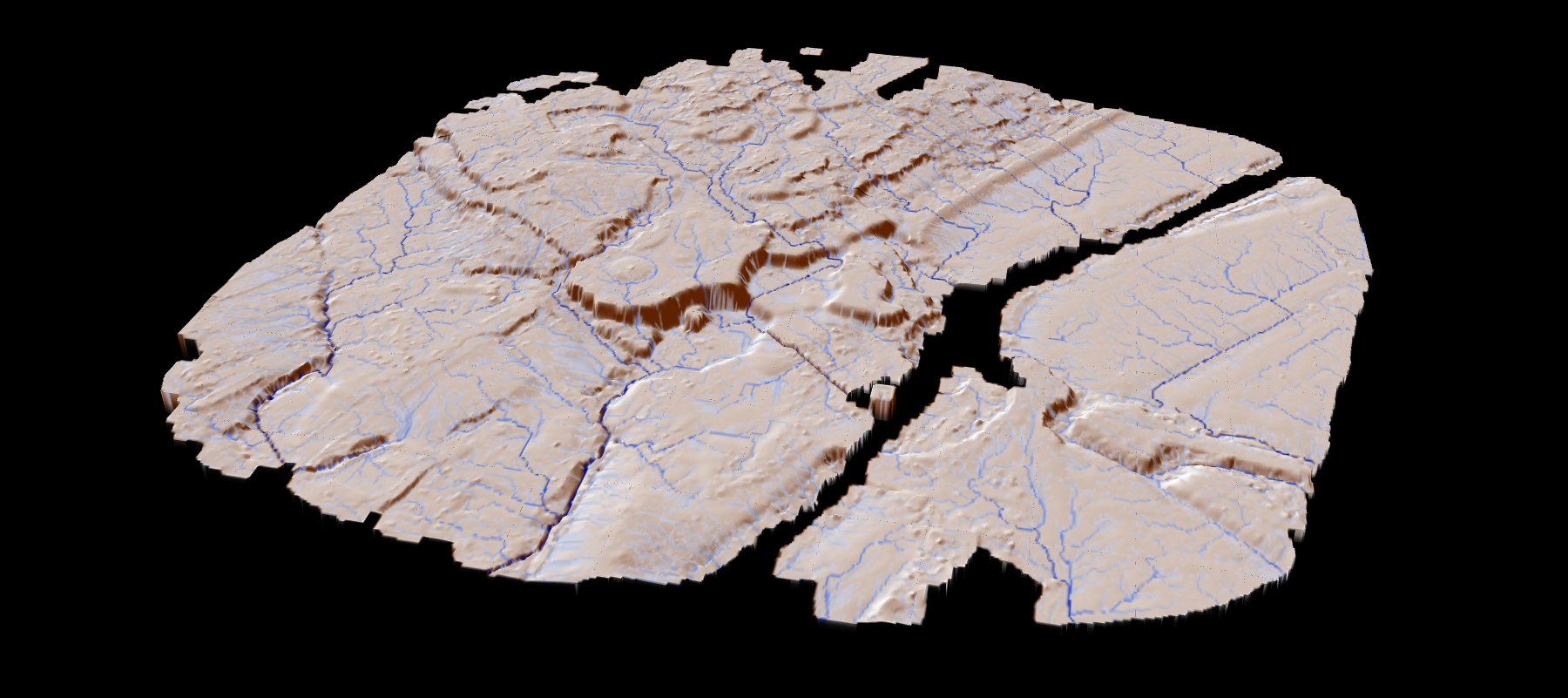 Flow accumulation raster over hillshaded terrain, drainage lines picked out in blue