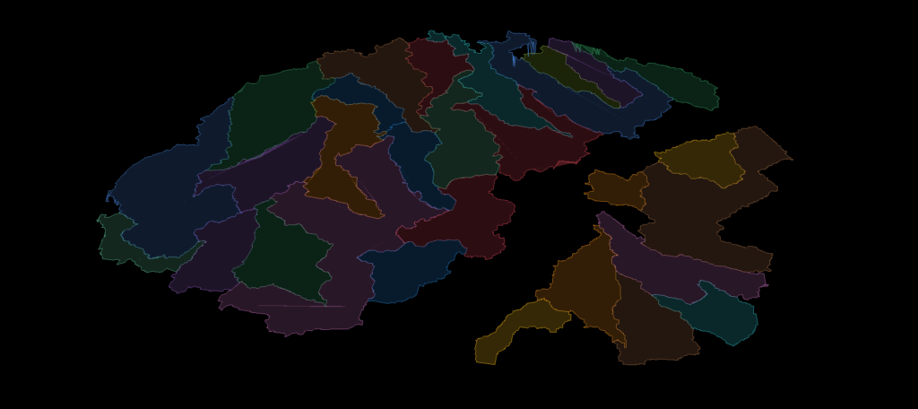 Catchment sub-basins delineated over a survey area, each drainage area in its own colour