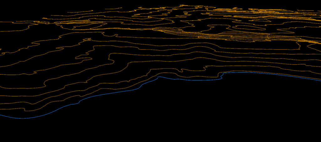 Extracted shoreline vector in blue running through orange terrain contour lines