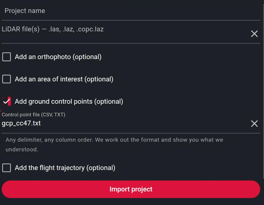 The create a project panel with Add ground control points ticked and a survey file attached