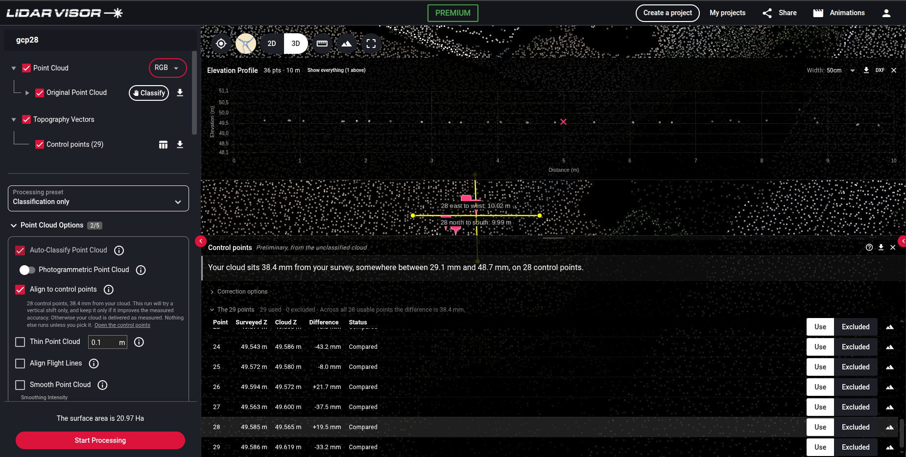 The Align to control points processing option stating the measured difference before Start Processing is pressed