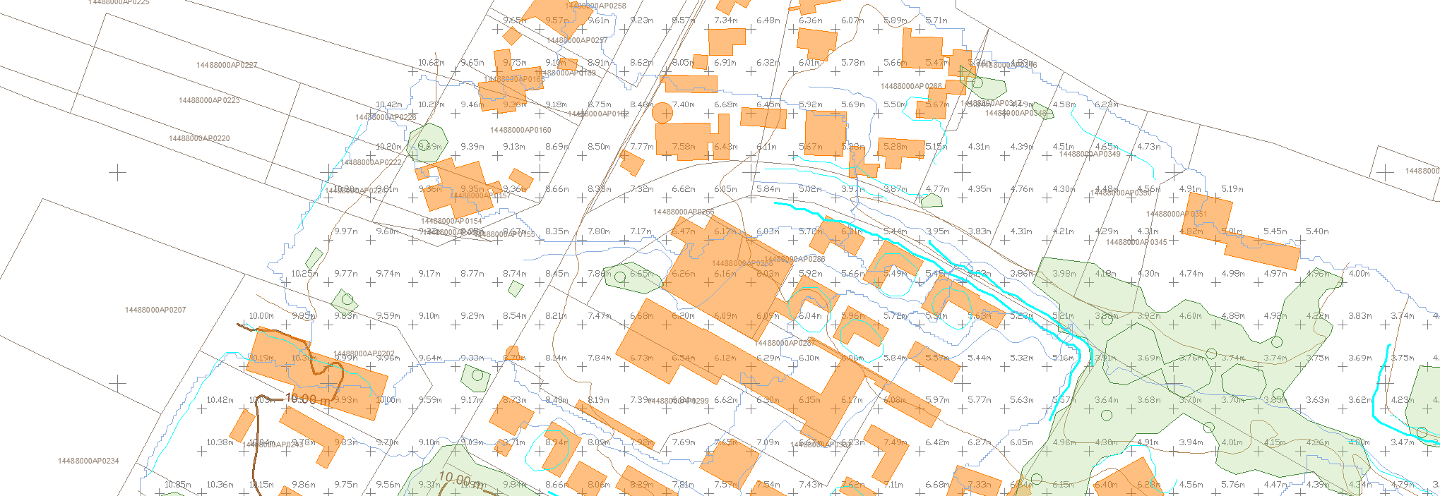Detail of a topographic DXF showing labelled spot heights in metres, building outlines, contours and cadastral parcel references