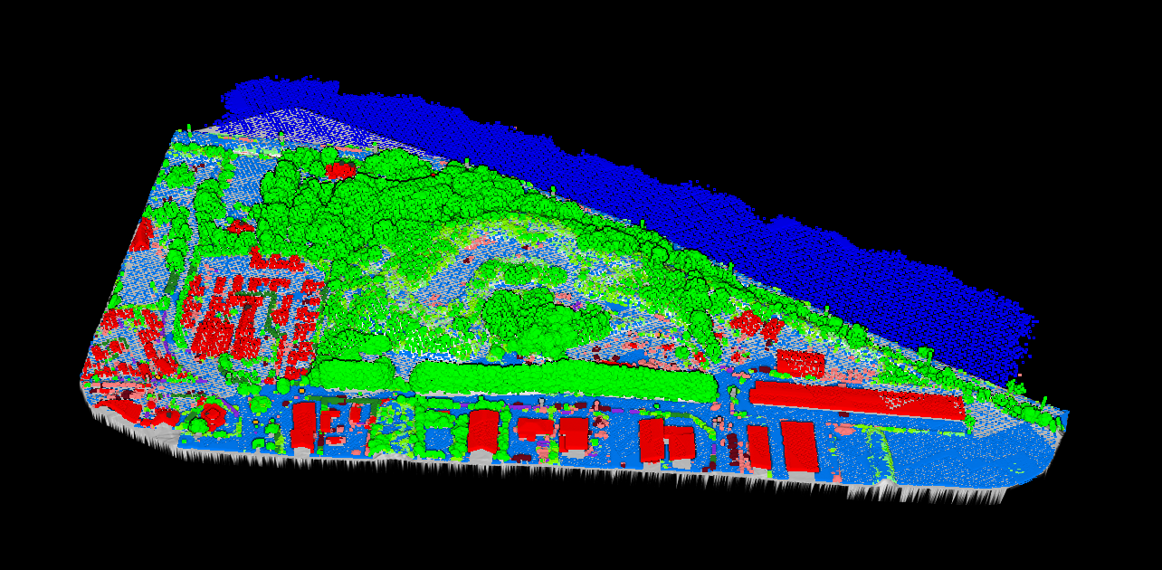 The Ouistreham demo point cloud coloured by class after processing: vegetation in green, buildings in red, ground in blue, water in dark blue