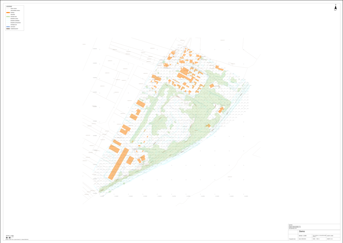 Topographic map sheet of the Ouistreham demo site with legend, contours, buildings, wooded areas, breaklines and cadastral parcels