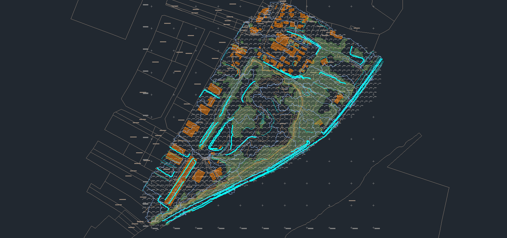 Topographic DXF drawing in CAD showing contours, buildings, watercourses, vegetation and cadastral parcels on separate layers