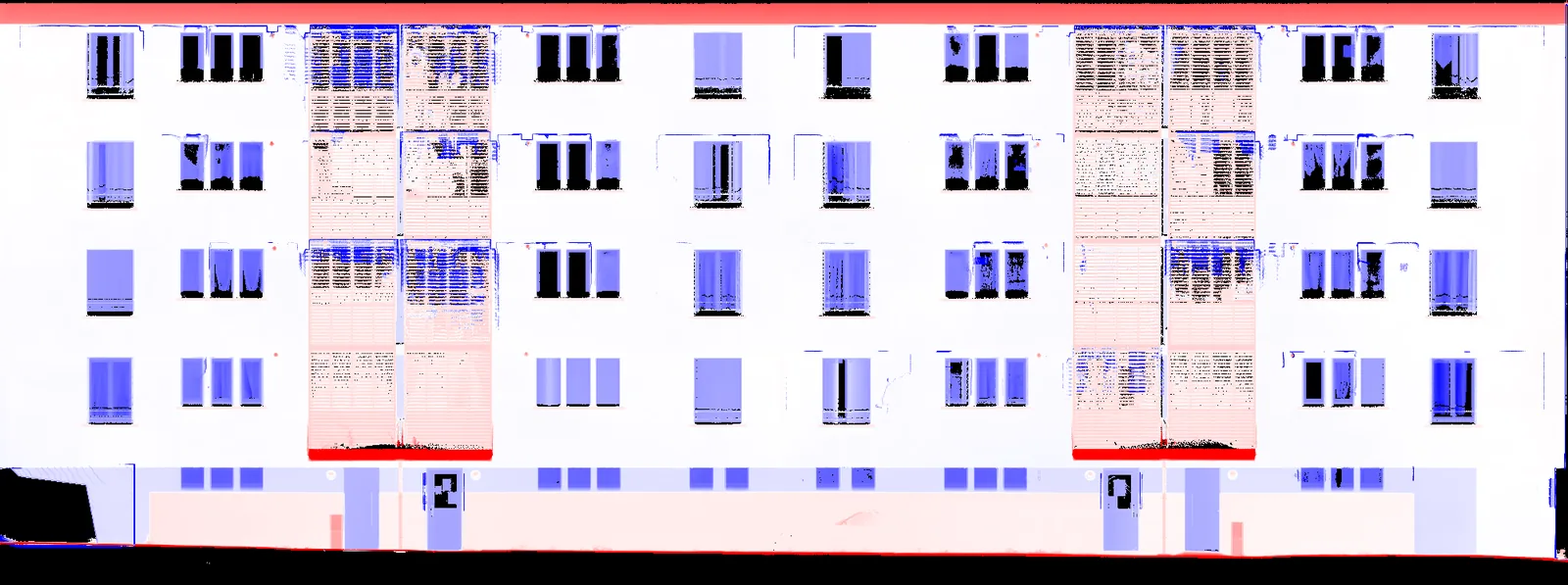 Depth raster of a facade: openings blue behind the plane, loggia screens red in front of it.