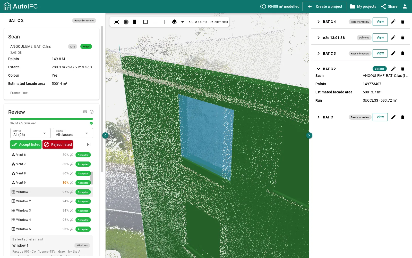 The AutoIFC workspace: the review list, the 3D viewer with the point cloud and a selected window, and the project list.