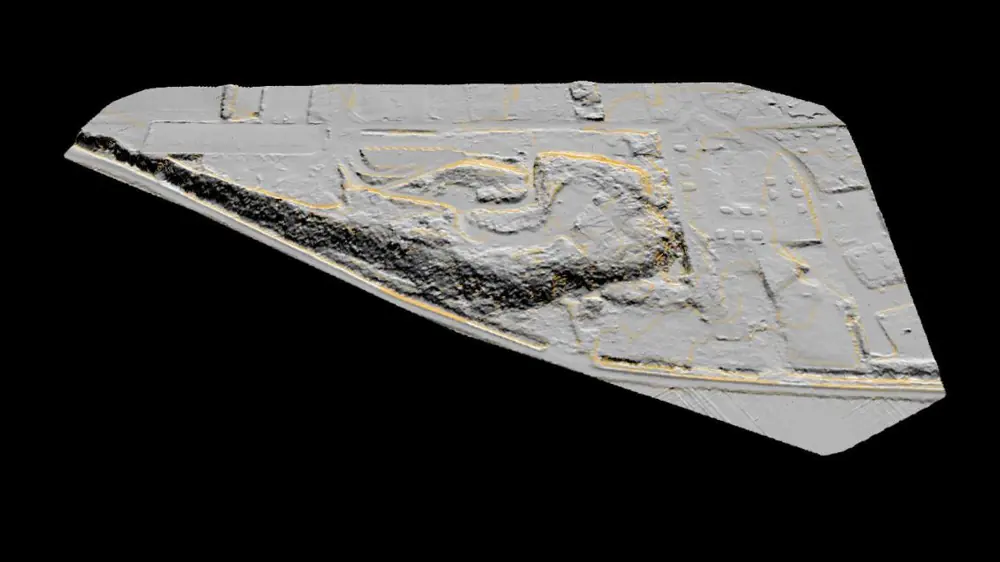 Hillshaded terrain model of the same site with contour lines, the wood and the buildings removed