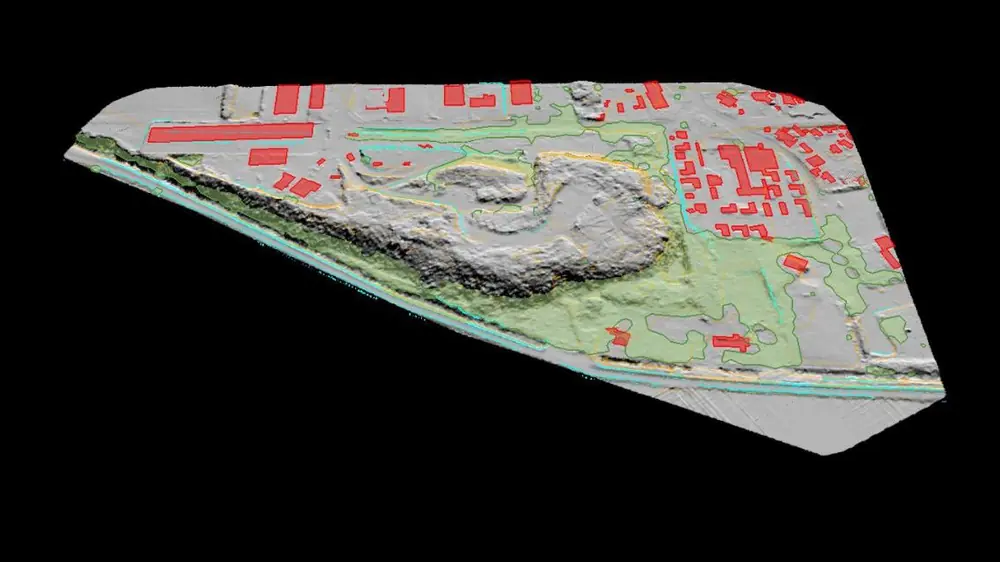 The same site as vector layers: building footprints in red, wooded areas in green, breaklines, contours and the shoreline over a hillshade