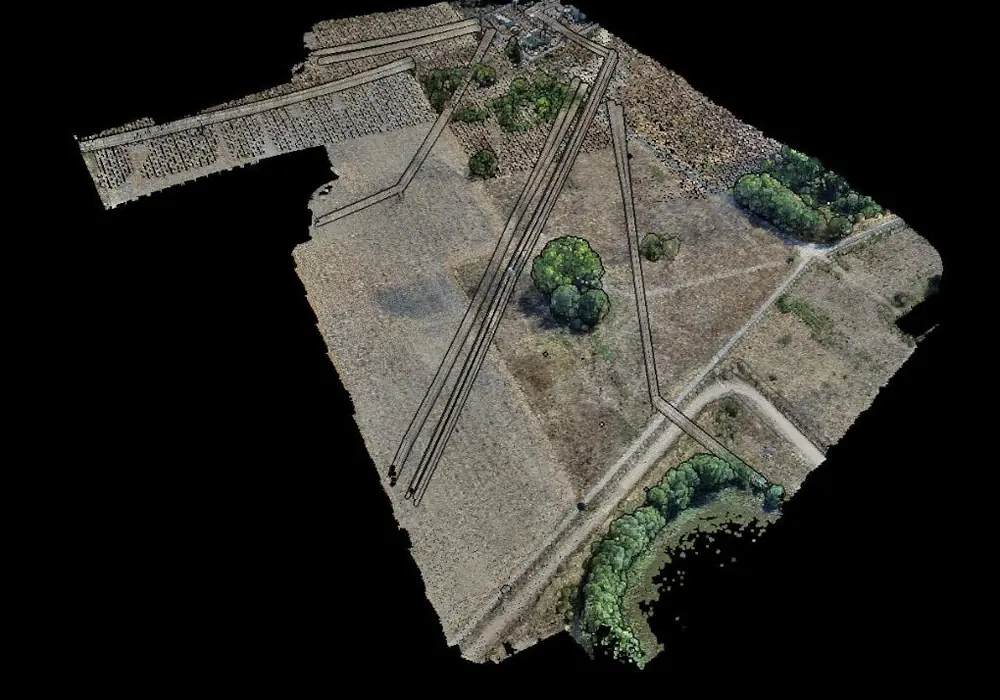 Drone point cloud of fields and tree rows crossed by overhead power lines, before processing
