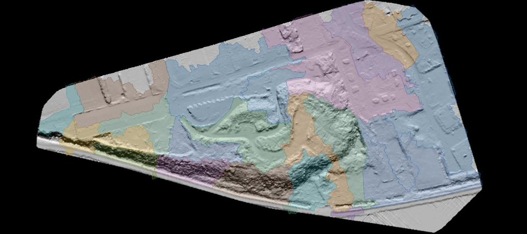 Sub-basins delineated by Lidarvisor over a whole survey, each catchment in its own colour
