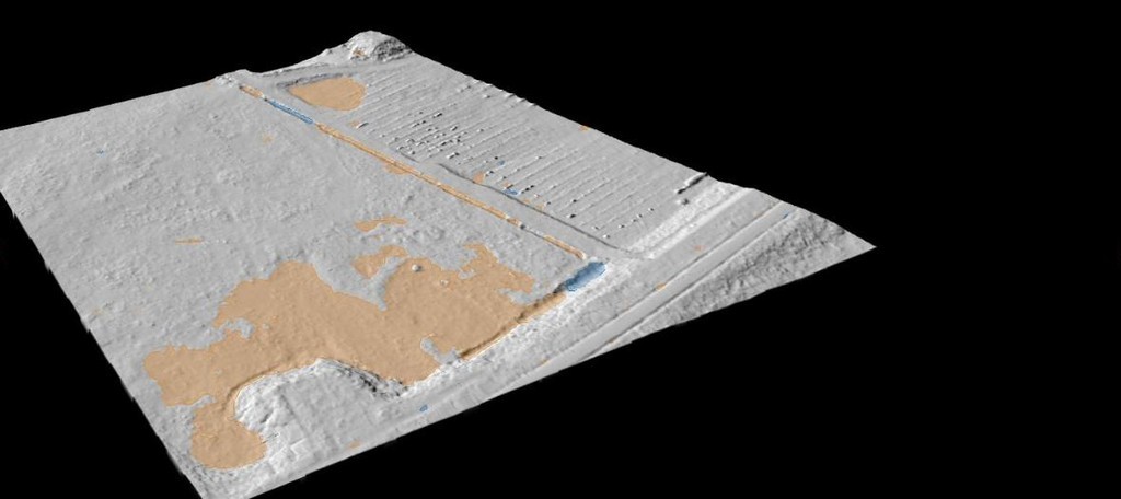 Closed depressions detected by Lidarvisor, shown as filled polygons on the hillshaded terrain