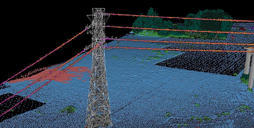 Lattice transmission tower in the classified point cloud with its fitted 3D structure and the conductors attached
