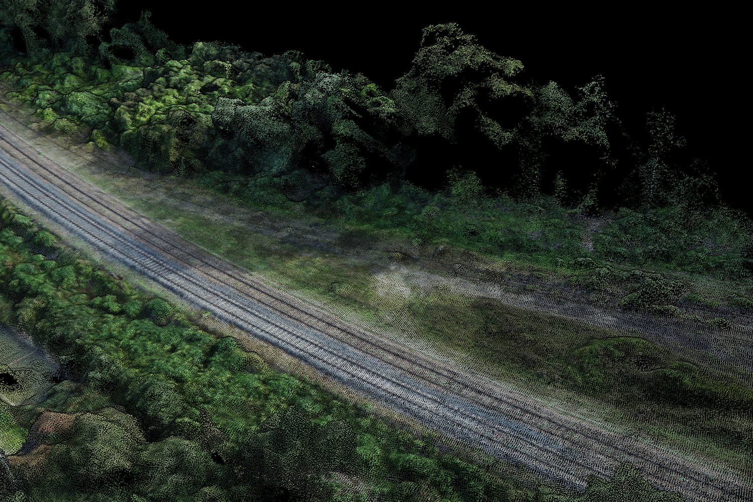 Close-up of the photogrammetric point cloud: a railway line with trees along it